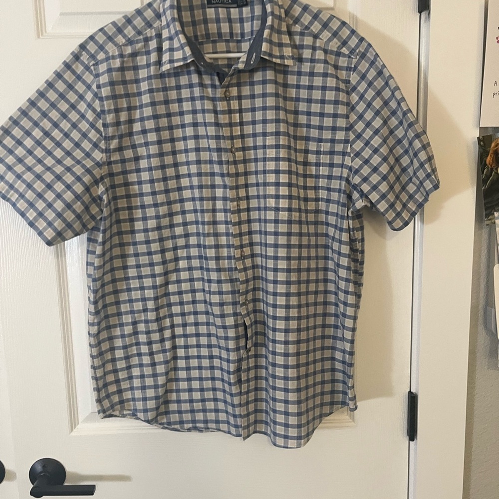 Nautica Blue Gingham Short Sleeve Button Down Shirt Size XL